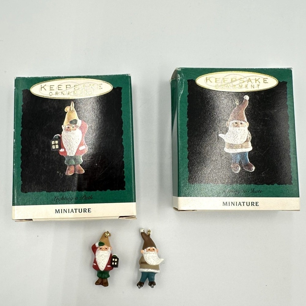 Vintage 1993 Hallmark Keepsake Miniature Gnome Ornament Lot Lighting Skate Boxes